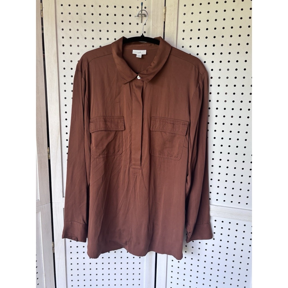 J. Jill Women's XL Half Button Popover Modal Rayon Blouse Long SLV Brown